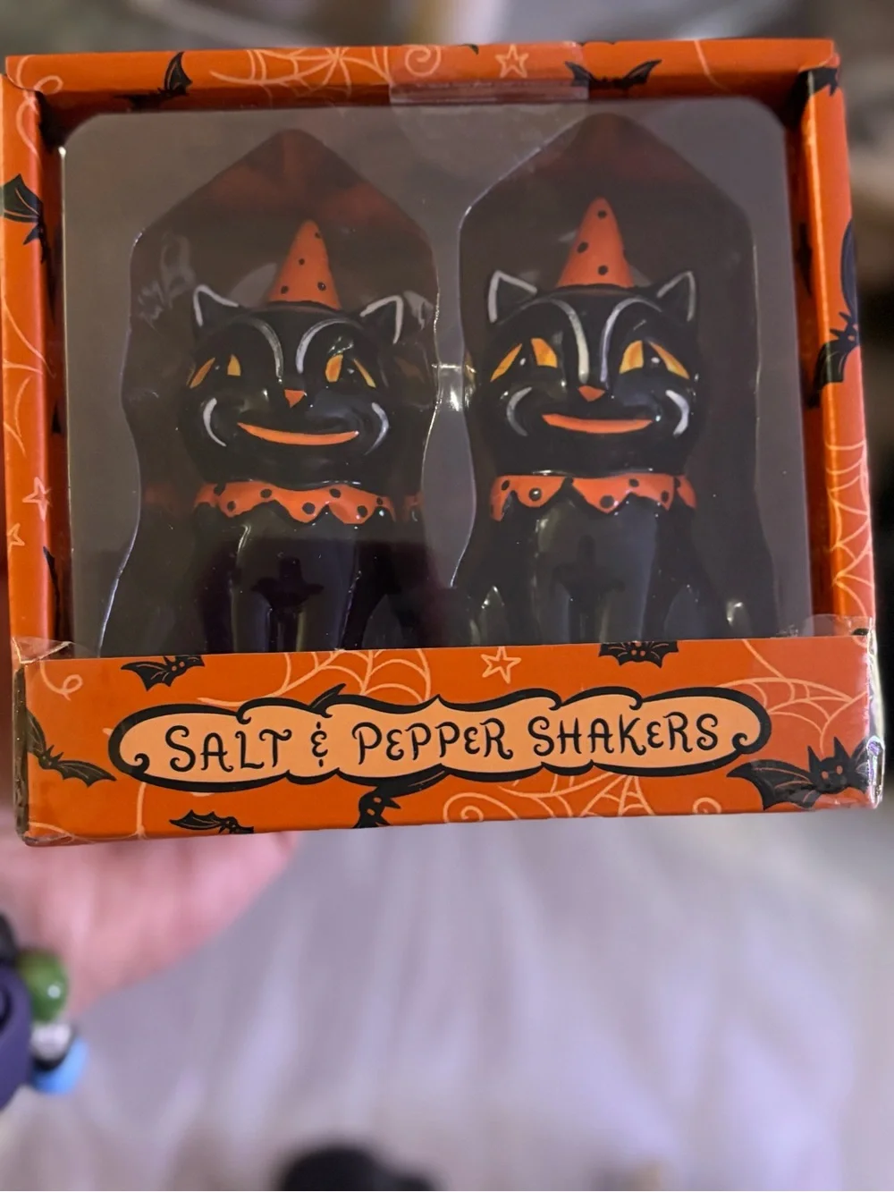 Johanna Parker Halloween Black Cat Salt & Pepper Shakers Orange Accents NWT! 🐈‍⬛